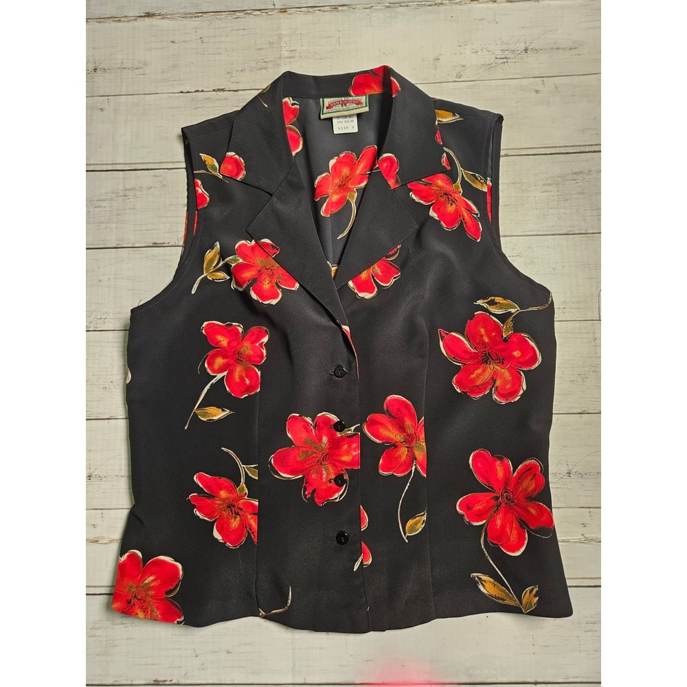 Vintage‎ Pine Cove Sharon Young Black Red Floral Sleeveless Button Up Top Size 2
